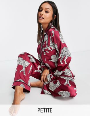 Chelsea Peers Petite premium satin revere top and bottom pajama set in wine leopard print-Red