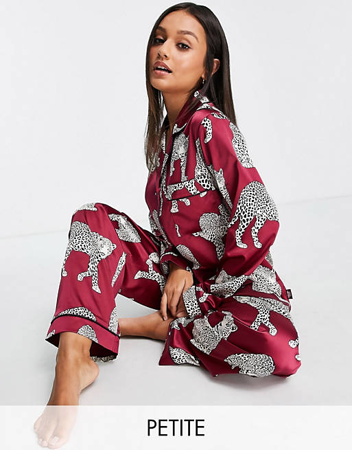 Lingerie & Nightwear Chelsea Peers Petite premium satin revere top and trouser pyjama set in wine leopard print 