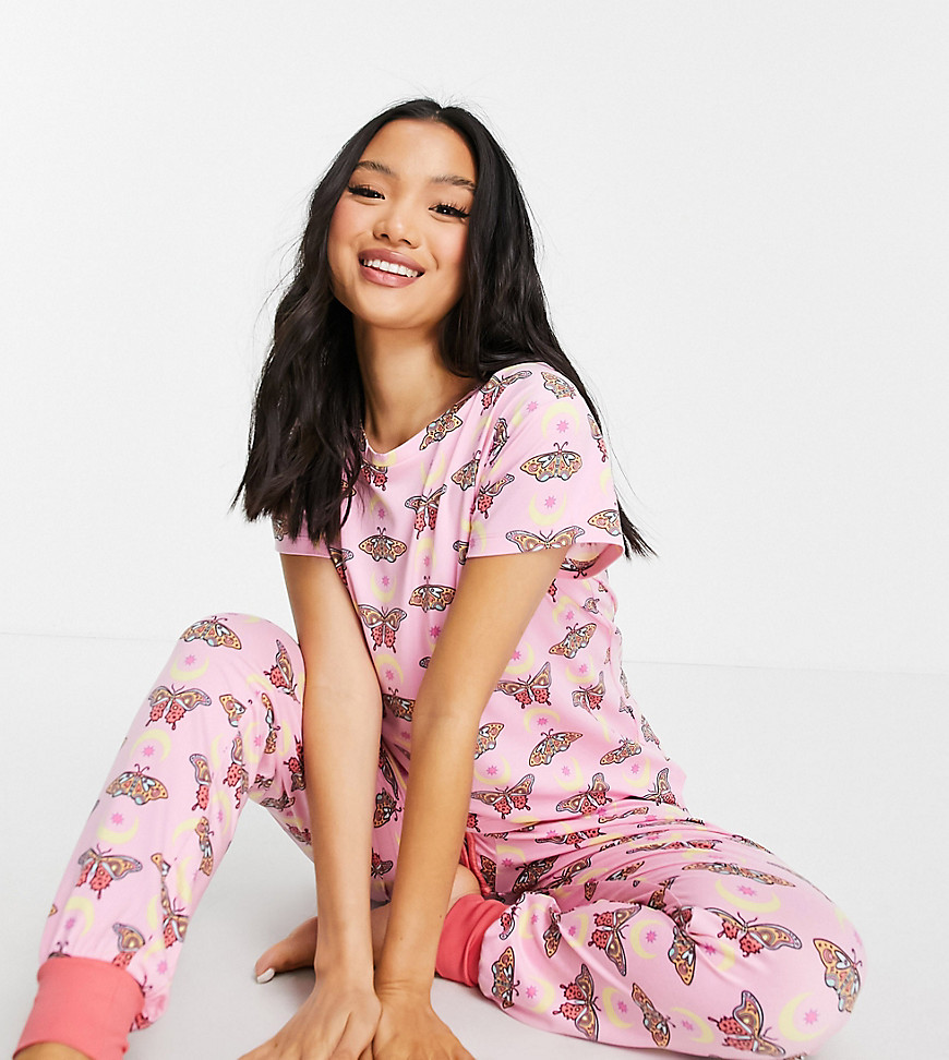 Chelsea Peers Petite - Pyjamaset met vlinder- en maanprint in roze