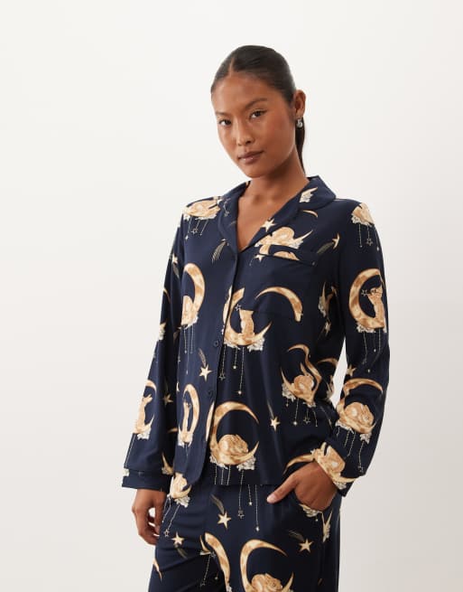 Chelsea Peers Petite super soft button up pyjama set in navy bunny moon print, 2 of 4