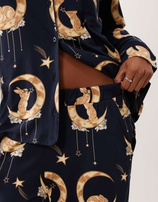 Chelsea Peers Petite super soft button up pyjama set in navy bunny moon print, 3 of 4