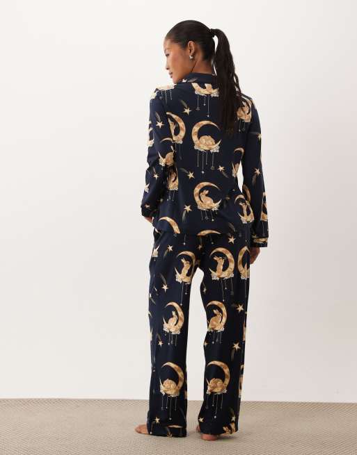 Chelsea Peers Petite super soft button up pyjama set in navy bunny moon print, 4 of 4