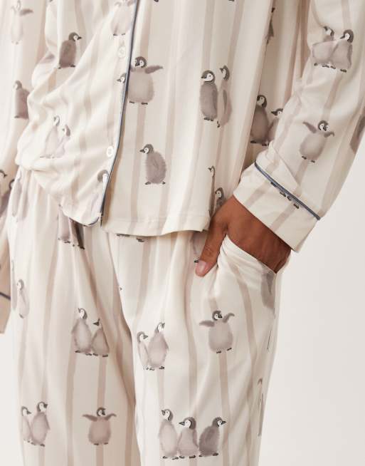 Chelsea Peers Petite super soft button up pyjama set in white penguin print, 2 of 4