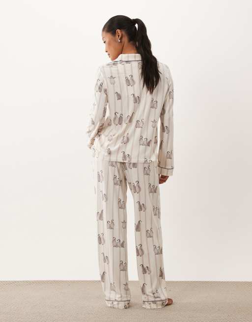 Chelsea Peers Petite super soft button up pyjama set in white penguin print, 4 of 4