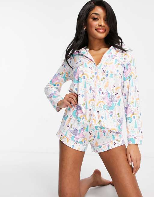 Chelsea Peers Petite unicorn print shirt and shorts pajama set in