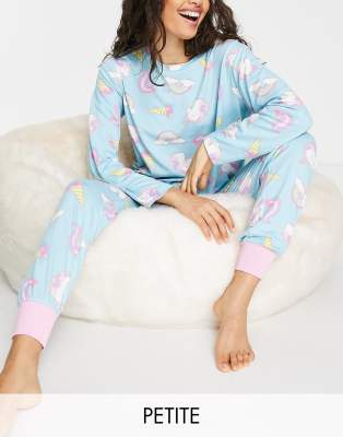 Chelsea Peers Unicorn Rainbow Long Pajama Set In Blue-blues In Blue