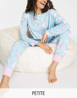 Chelsea Peers Unicorn Rainbow Long Pajama Set In Blue-blues