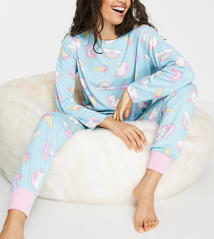 Chelsea Peers Petite unicorn rainbow long pajama set in blue