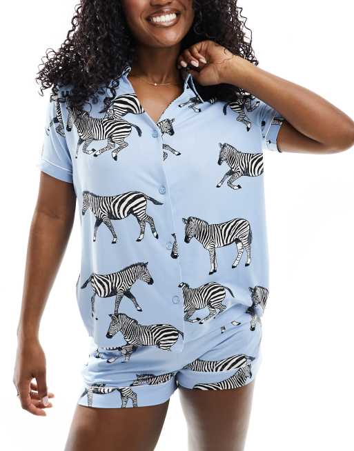 Chelsea Peers - Pigiama con pantaloncini e maglietta con scollo a V in poliestere blu con stampa di zebre