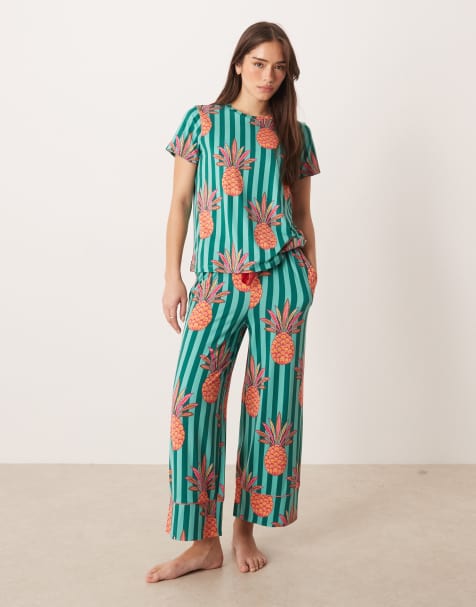 Chelsea Peers - Pigiama girocollo a maniche corte in jersey con stampa a righe e ananas - view 1