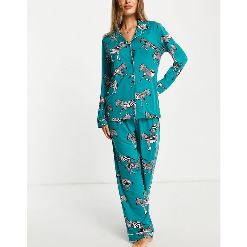 Intimo e abbigliamento notte Pigiami Chelsea Peers - Pigiama in jersey ecologico turchese con zebre composto da top con rever e pantaloni