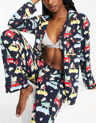 Chelsea Peers - Pigiama Natalizio Lungo Blu Navy Con Macchine