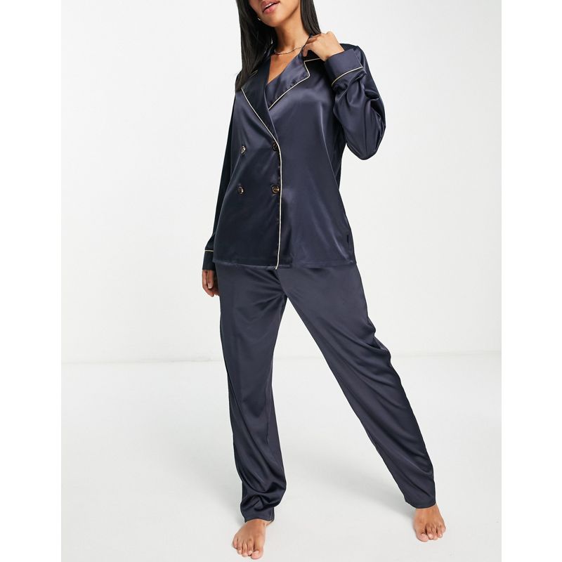 Intimo e abbigliamento notte wXfln Chelsea Peers - Pigiama premium in raso blu navy composto da top doppiopetto con rever e pantaloni slim