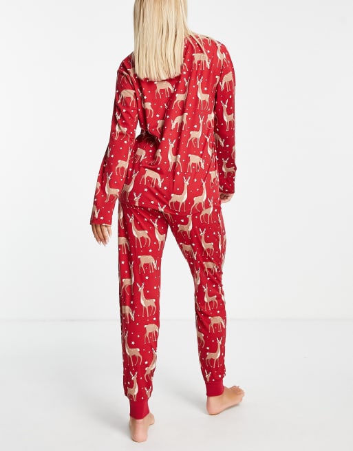 Chelsea Peers - Pigiama rosso con renne composto da top a maniche lunghe e joggers, 2 di 4
