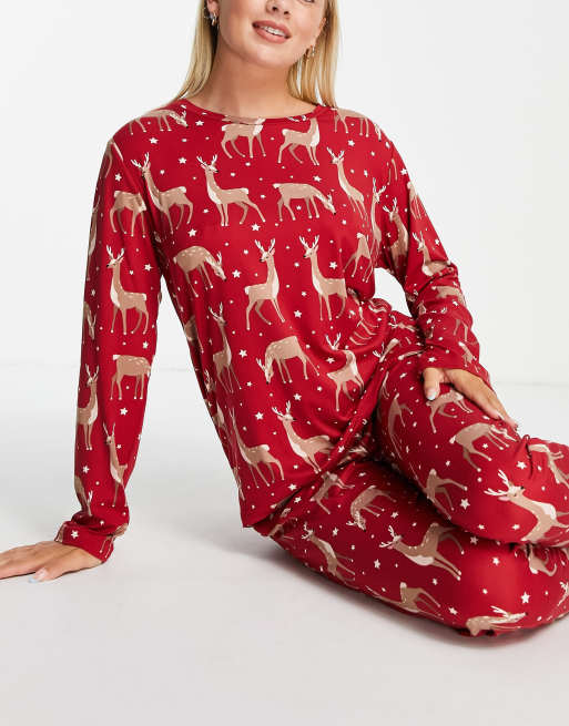 Chelsea Peers - Pigiama rosso con renne composto da top a maniche lunghe e joggers, 4 di 4