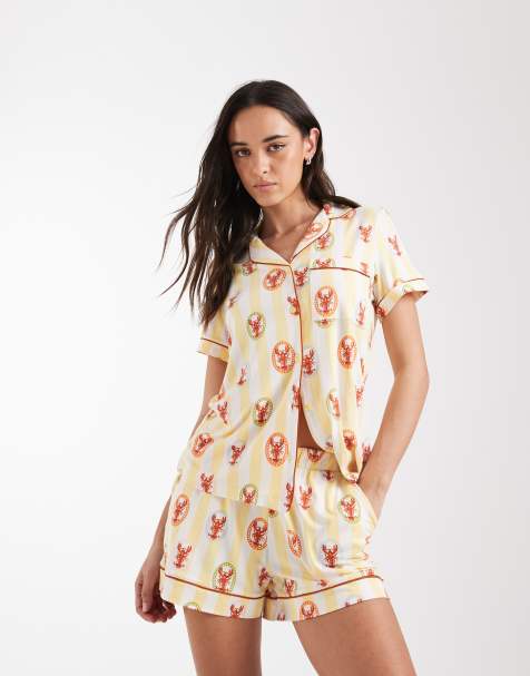 Chelsea Peers - Pijama multicolor con estampado de langostas de pantalones cortos y top de manga corta con cuello de solapas - view 1