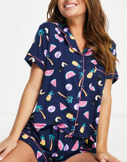 Chelsea Peers pineapple and toucan button up pajama shorts set in navy