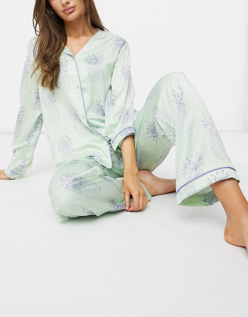 Chelsea Peers pineapple print shirt and pants pajama set in mint green
