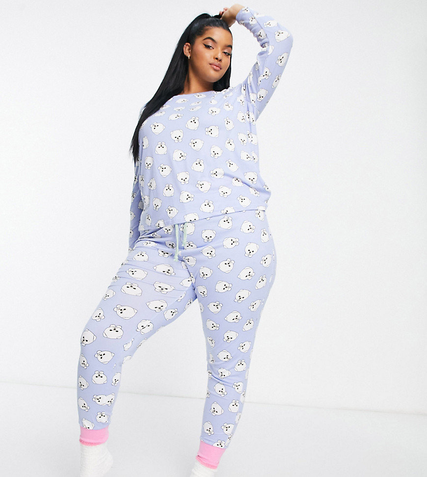 Chelsea Peers Plus Long Pajama And Cozy Socks Set In Lilac And White Pomeranian Print-purple
