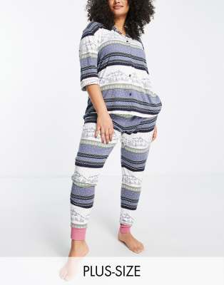 Chelsea Peers Plus button through pajama set in mountain fairisle print-Multi