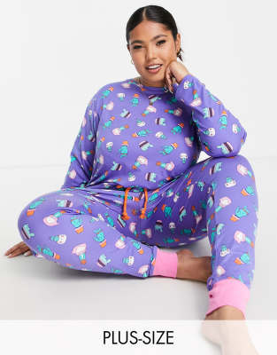 Chelsea Peers Cactus Cat Long Pajama Set In Purple