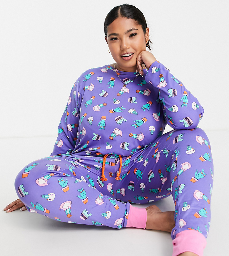 Chelsea Peers Cactus Cat Long Pajama Set In Purple