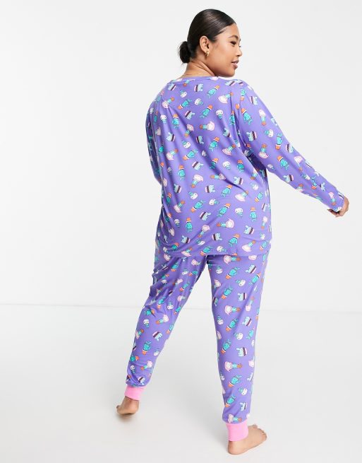 Chelsea Peers Plus cactus cat long pajama set in purple