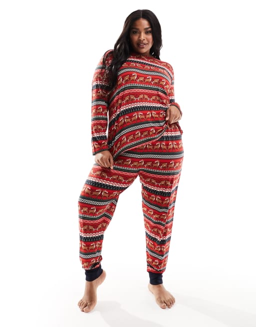 Chelsea Peers Plus christmas deer fair isle long pyjamas in red and navy