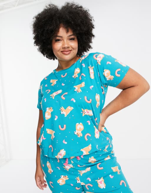 Chelsea Peers Plus corgi print pajama set in green ASOS