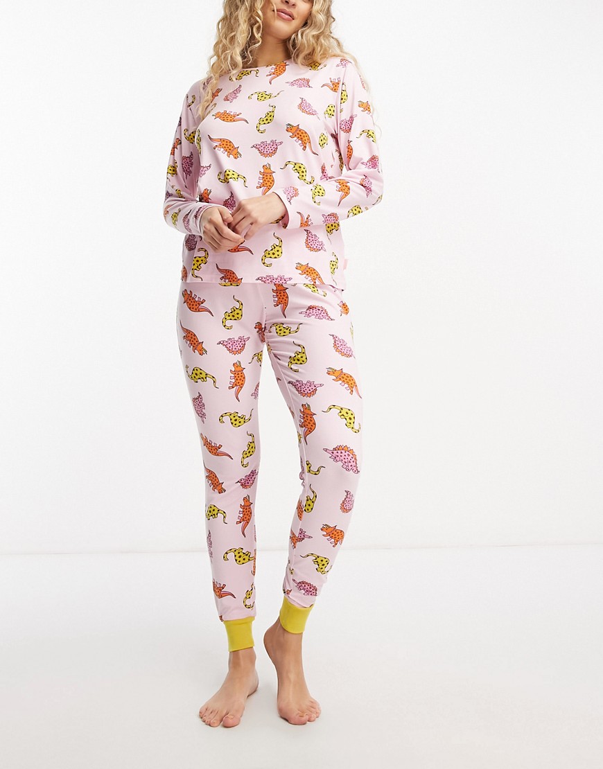 Chelsea Peers Plus Dinosaur Long Pajama Set In Pink