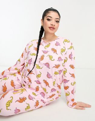 Chelsea Peers Plus dinosaur long pyjama set in pink