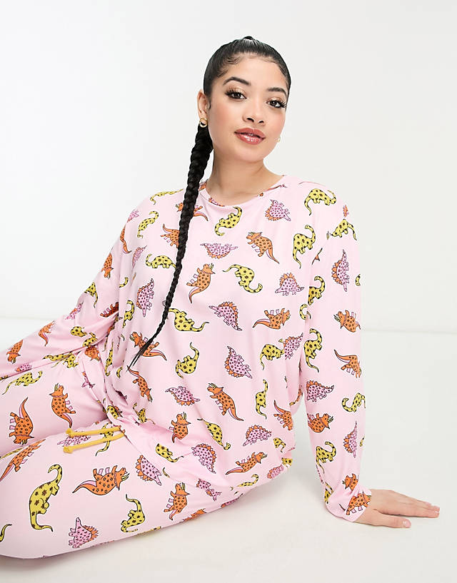 Chelsea Peers - plus dinosaur long pyjama set in pink