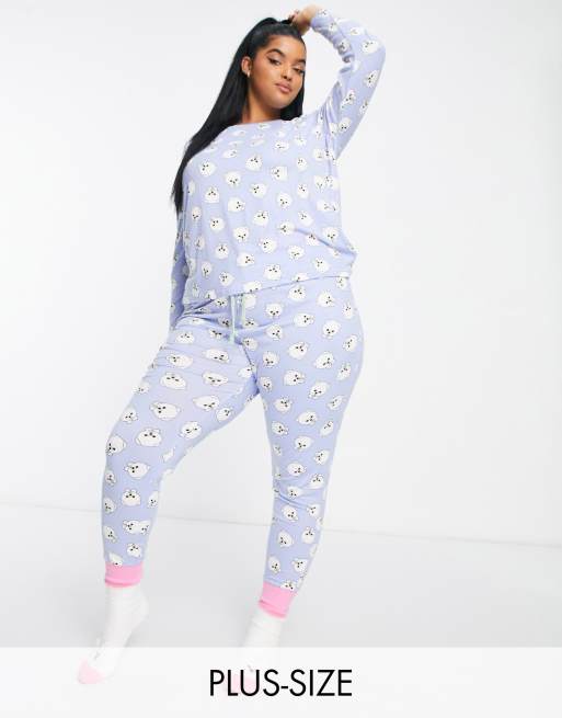 Women's Plus Size Cozy Pajama Set Long Sleeve Top and Print Leggings