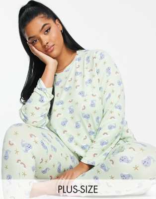 Plus long pajama set in light green narwhal print