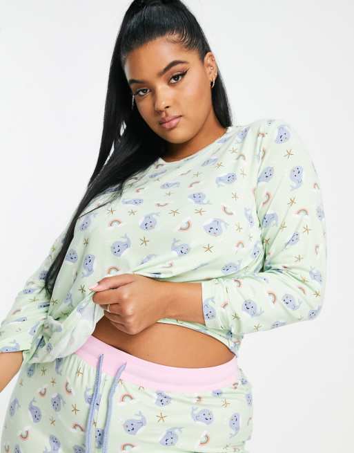 Chelsea Peers Plus long pajama set in light green narwhal print