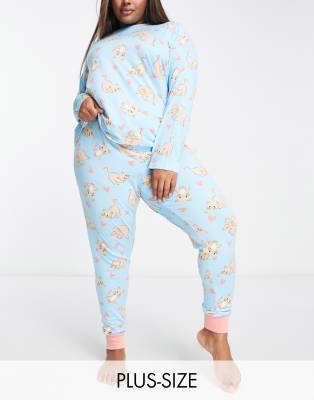 Chelsea Peers Plus long sleeve and cuff pants pajama set in light blue and pink cat print