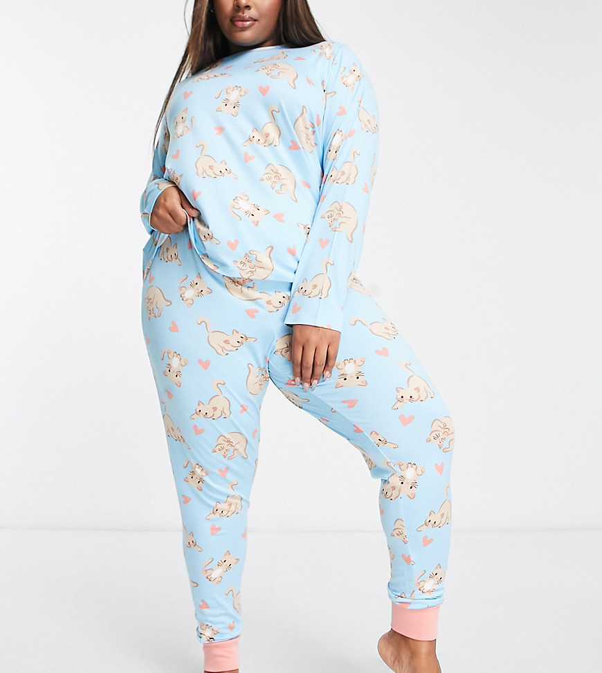 Chelsea Peers Plus long sleeve and cuff pants pajama set in light blue and pink cat print