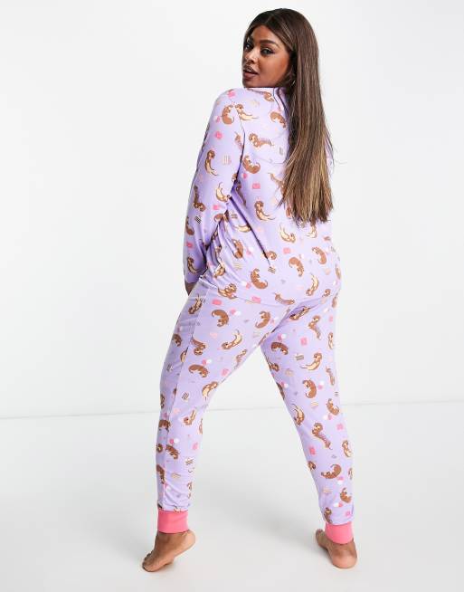 Chelsea Peers Plus long sleeve and cuff pants pajama set in lilac