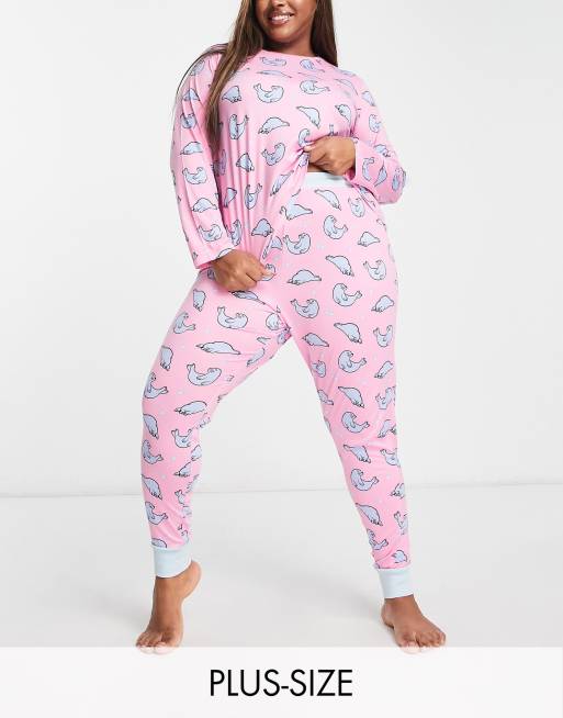 Chelsea Peers Plus long sleeve and cuff trouser pyjama set in light pink and blue seal print