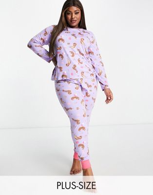 Chelsea Peers Plus long sleeve and cuff trouser pyjama set in lilac and pink dachshund birthday print