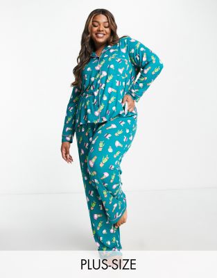 Plus Long Sleeve Shirt And Pants Pajama Set In Teal Blue Cactus Cat Print