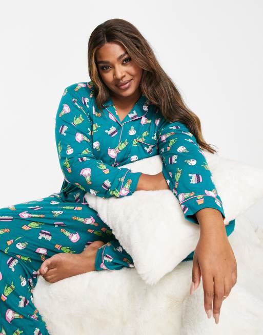 Chelsea Peers Plus long sleeve shirt and pants pajama set in teal blue  cactus cat print