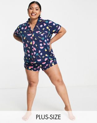 Chelsea Peers Plus pineapple and toucan short button up pyjama set in navy
