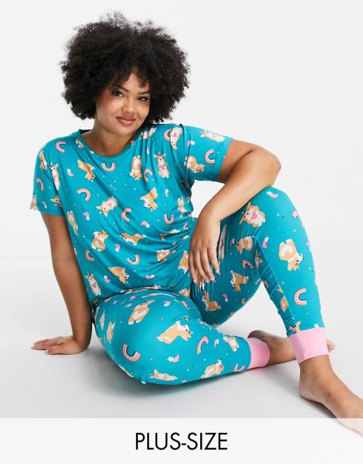 Chelsea Peers Plus – Pyjama-Set in Grün mit Corgi-Print