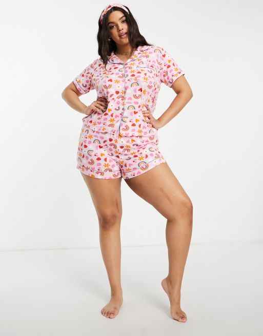 Chelsea Peers Plus short pajamas and headband set in pink rainbow print