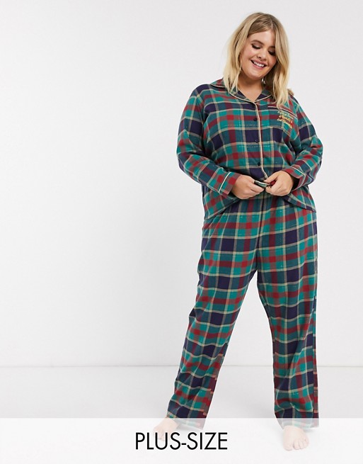 Chelsea Peers Plus Size check printed pyjama with embroidered slogan pocket