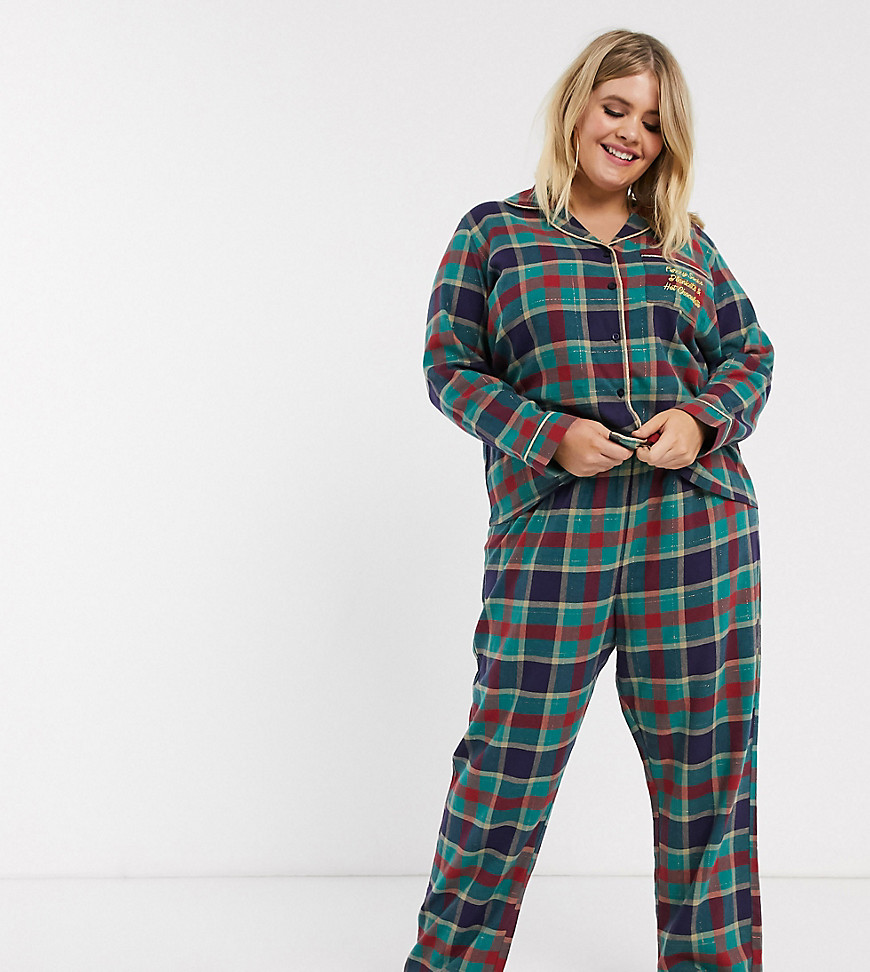 Chelsea Peers Plus Size check printed pyjama with embroidered slogan pocket-Green