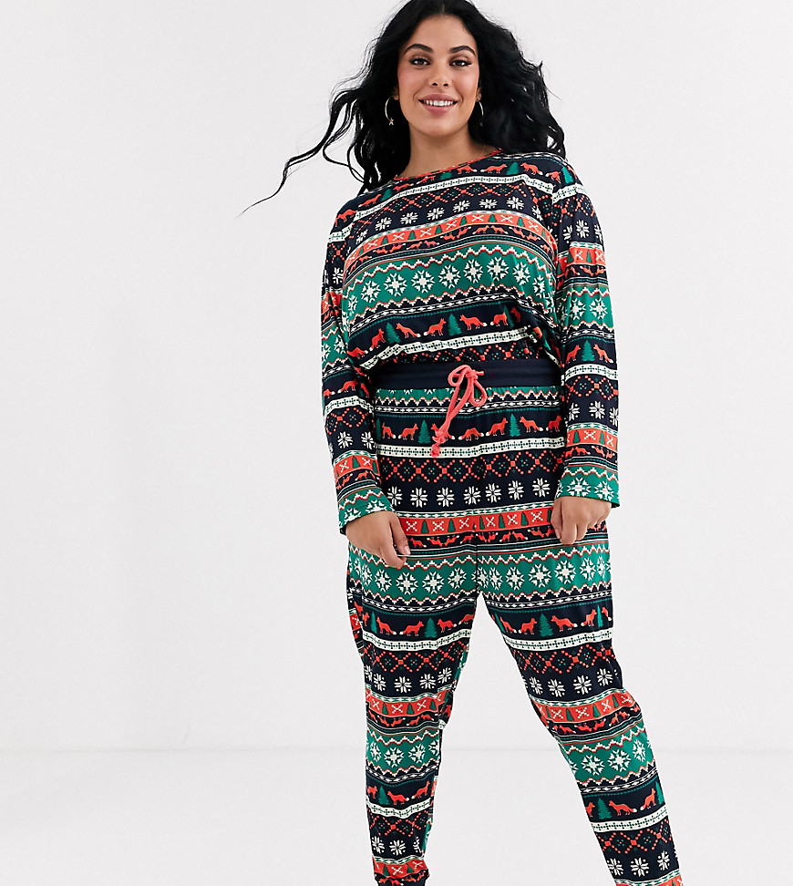 Chelsea Peers – Plus Size – Langt pyjamassæt med fairisle-print-Multifarvet