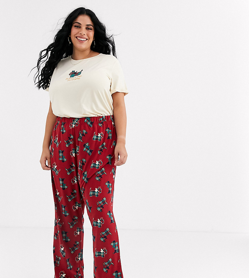 Chelsea Peers – Plus Size – Langt pyjamassæt med ternet scotty dog-print-Rød