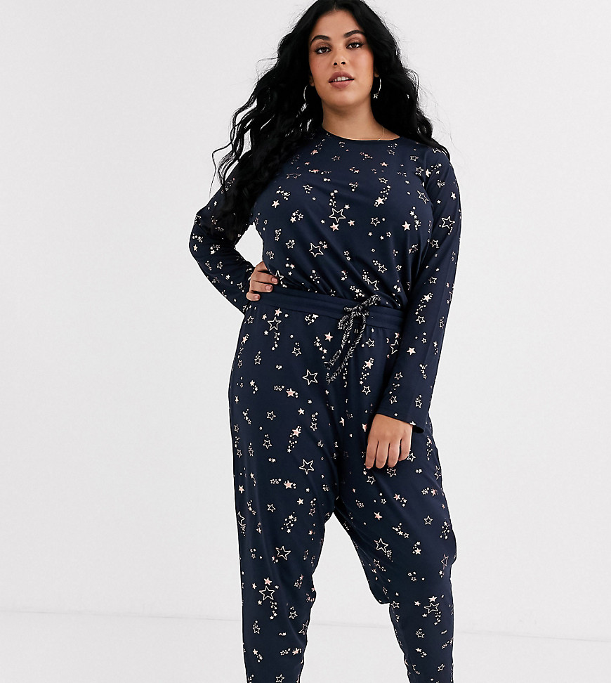 Chelsea Peers – Plus Size – Roséguldfärgad pyjamas med långa byxor och glansiga stjärnor-Marinblå